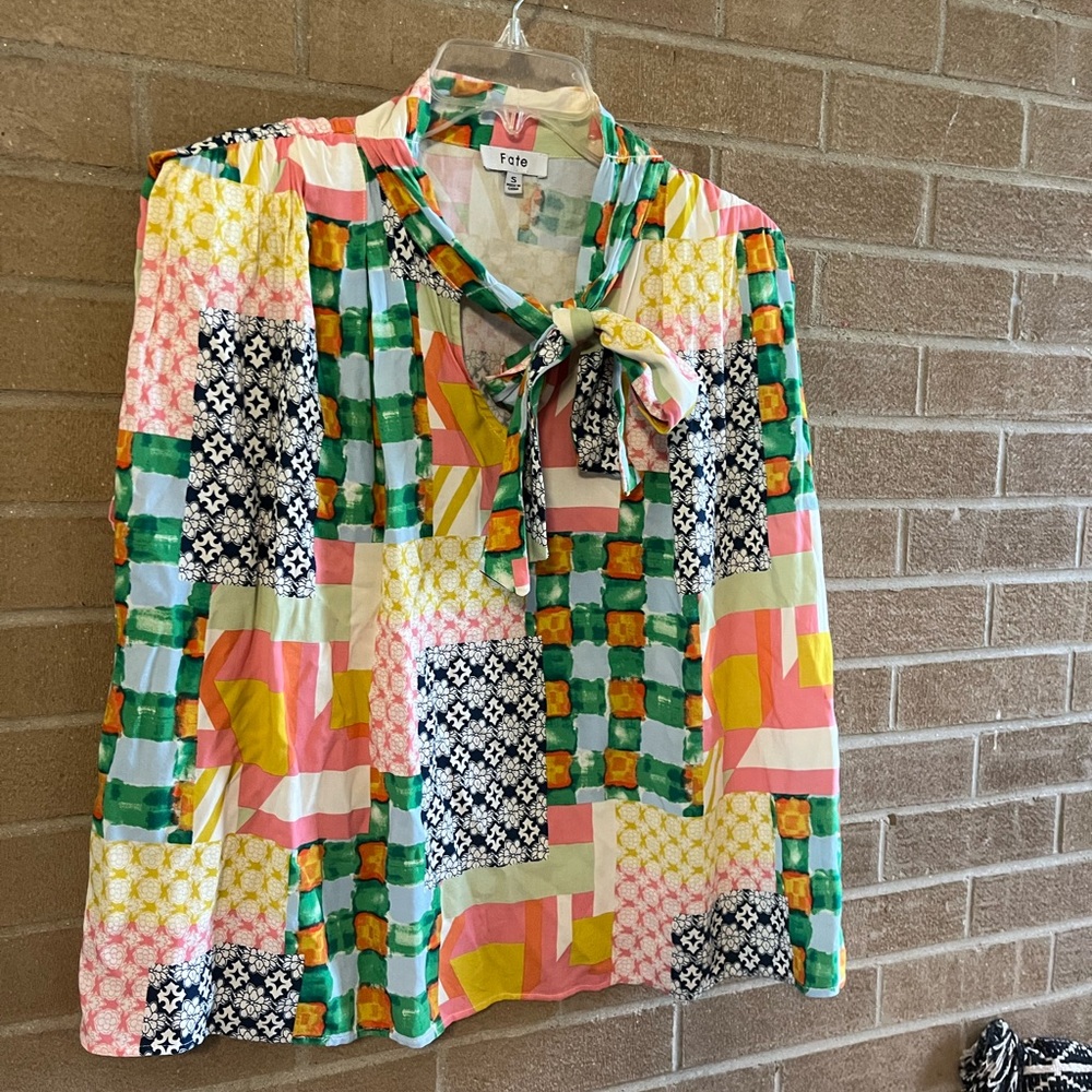 Fate Multicolor Patchwork Blouse With Bow - image 3